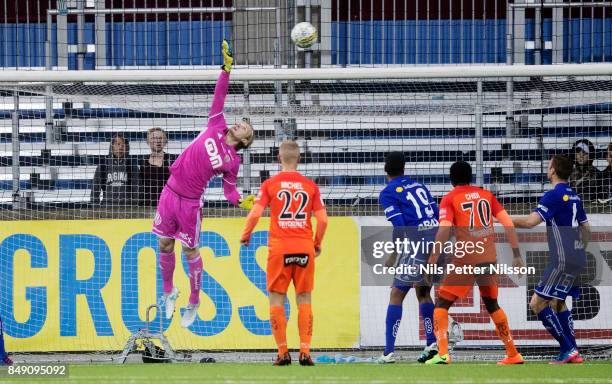 William Eskelinen of GIF Sundsvall makes a save during the Allsvenskan match between Athletic FC Eskilstuna and GIF Sundsvall at Tunavallen on...