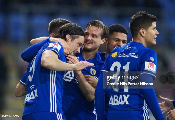 Linus Hallenius of GIF Sundsvall celebrates after scoring to 0-1 during the Allsvenskan match between Athletic FC Eskilstuna and GIF Sundsvall at...