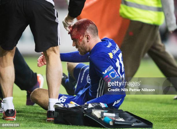 Marcus Danielsson of GIF Sundsvall injured during the Allsvenskan match between Athletic FC Eskilstuna and GIF Sundsvall at Tunavallen on September...