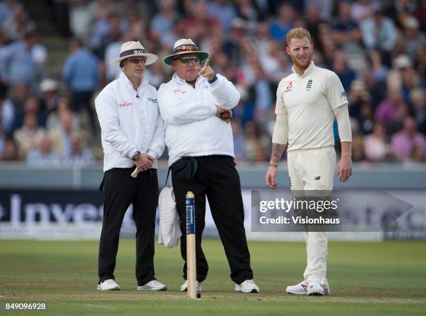 Umpires Christopher Gaffaney and Marais Erasmus and Ben Stokes of England during Day One of the 3rd Investec Test Match between England and West...