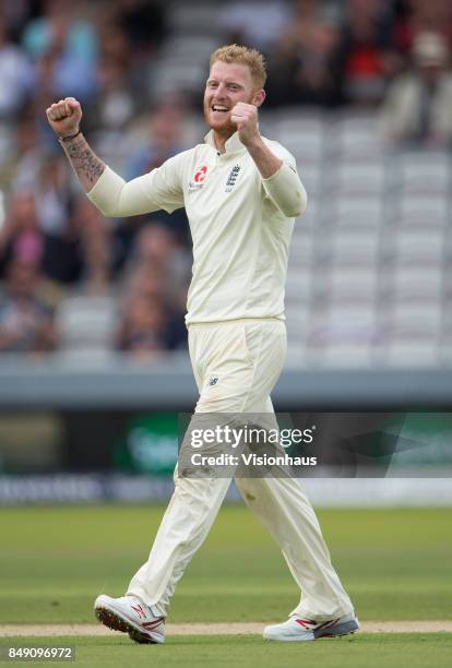 Ben Stokes of England celenrates taking the wicket of Jason Holder of West Indies during Day One of the 3rd Investec Test Match between England and...