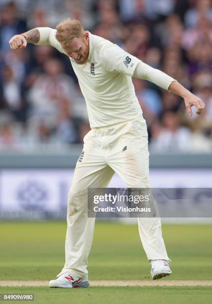 Ben Stokes celebrates taking the wicket of Kemar Roach of West Indies during Day One of the 3rd Investec Test Match between England and West Indies...