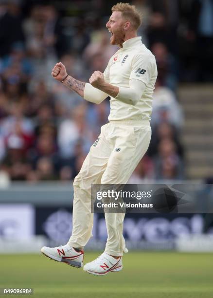 Ben Stokes celebrates taking the wicket of Kemar Roach of West Indies during Day One of the 3rd Investec Test Match between England and West Indies...