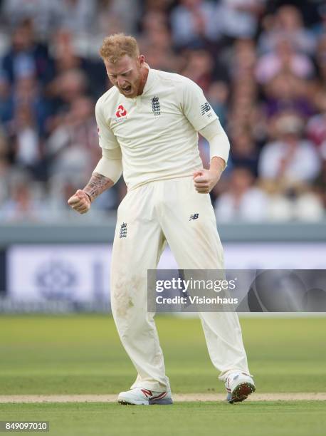 Ben Stokes celebrates taking the wicket of Kemar Roach of West Indies during Day One of the 3rd Investec Test Match between England and West Indies...