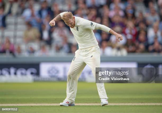 Ben Stokes celebrates taking the wicket of Kemar Roach of West Indies during Day One of the 3rd Investec Test Match between England and West Indies...