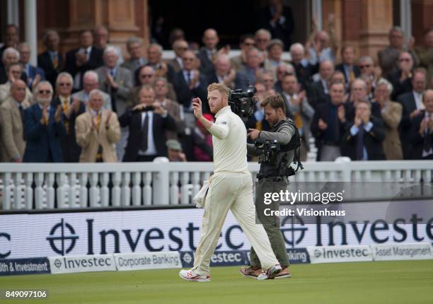 Ben Stokes of England acknowledges the Lord's crowd after taking six West Indies wickets during Day One of the 3rd Investec Test Match between...