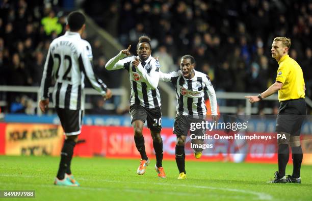 Newcastle United's Gael Bigirimana celebrates his sides third goal during the Barclays Premier League match at St James' Park, Newcastle.