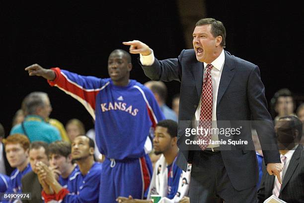 Head coach Bill Self of the the Kansas Jayhawks yells against the Missouri Tigers during the game on February 9, 2009 at Mizzou Arena in Columbia,...
