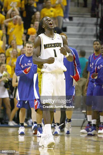 DeMarre Carroll of the Missouri Tigers reacts on court against the Kansas Jayhawks during the game on February 9, 2009 at Mizzou Arena in Columbia,...