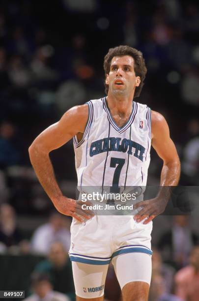 Kelly Tripucka of the Charlotte Hornets walks on the court during an NBA game at Charlotte Colesium in 1989.