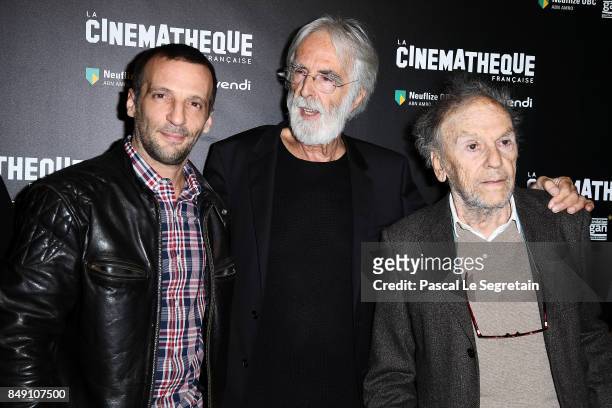 Mathieu Kassovitz, Michael Hanecke and Jean Louis Trintignant attend the "Happy End" Paris Premiere at la cinematheque on September 18, 2017 in...