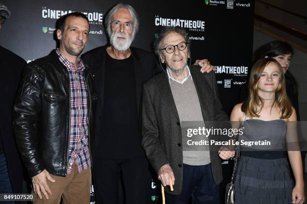 Mathieu Kassovitz, Michael Hanecke, Jean Louis Trintignant and Fantine Harduin attend "Happy End" Paris Premiere at la cinematheque on September 18,...