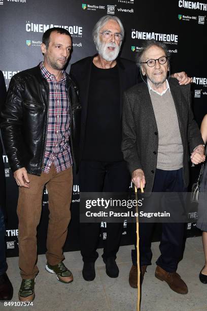 Mathieu Kassovitz, Michael Hanecke and Jean-Louis Trintignant attend the "Happy End" Paris Premiere at la cinematheque on September 18, 2017 in...