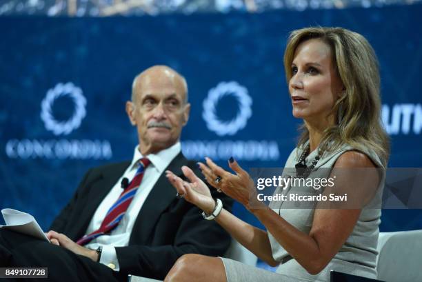 Michael Chertoff, Co-founder and Executive Chairman for The Chertoff Group, and Frances Fragos Townsend, National Security Analyst, CBS News speak at...