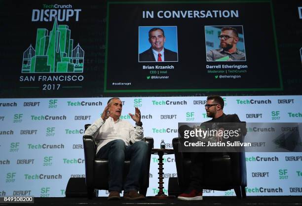 Intel CEO Brian Krzanich speaks in conversation with Darrell Etherington of TechCrunch during the TechCrunch Disrupt SF 2017 on September 18, 2017 in...