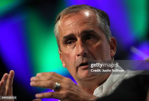 Intel CEO Brian Krzanich speaks in conversation with Darrell Etherington of TechCrunch during the TechCrunch Disrupt SF 2017 on September 18, 2017 in...