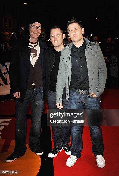 Scouting For Girls with Greg Churchouse, Roy Stride and Peter Ellard arrive for the Brit Awards 2009 at Earls Court on February 18, 2009 in London,...