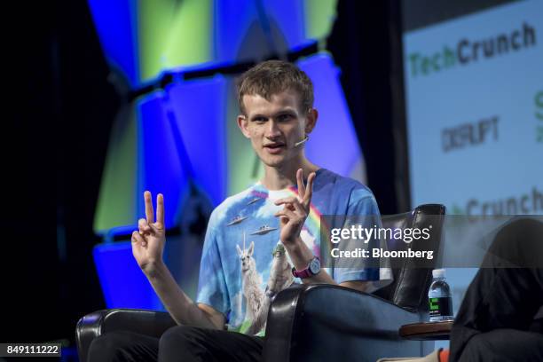 Vitalik Buterin, co-founder of Ethereum Foundation and Bitcoin Magazine, speaks during the TechCrunch Disrupt 2017 in San Francisco, California,...