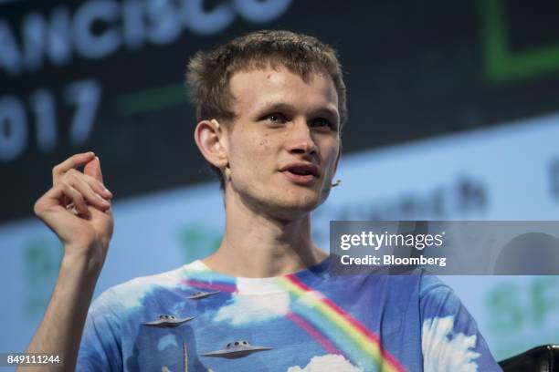 Vitalik Buterin, co-founder of Ethereum Foundation and Bitcoin Magazine, speaks during the TechCrunch Disrupt 2017 in San Francisco, California,...