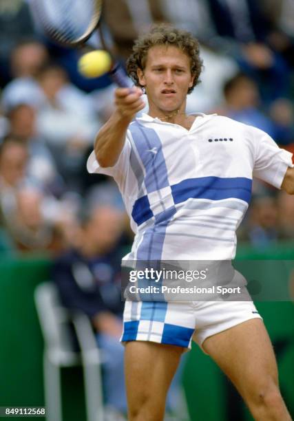 Martin Jaite of Argentina in action during a men's singles match at the Italian Open tennis tournament at the Foro Italico in Rome, circa May 1987....