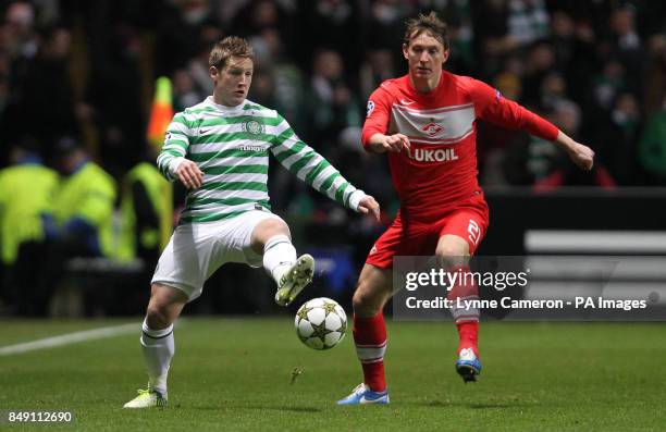 Celtic's Kris Commons and Moscow's Artem Dzuba during the UEFA Champions League match at Celtic Park, Glasgow.