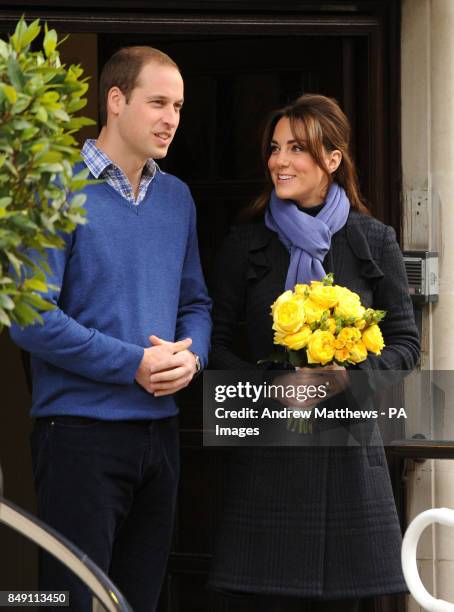 The Duke and Duchess of Cambridge leave the King Edward VII hospital in London where the Duchess of Cambridge had been admitted with severe morning...