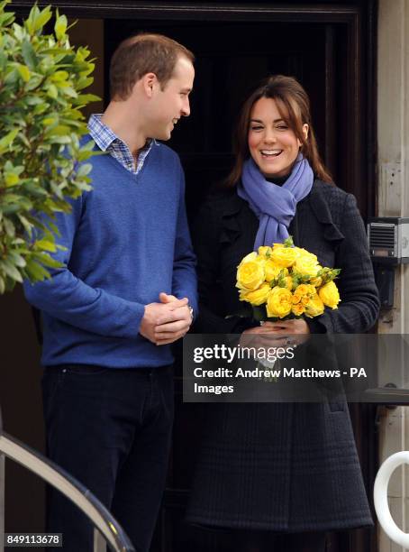 The Duke and Duchess of Cambridge leave the King Edward VII hospital in London where the Duchess of Cambridge had been admitted with severe morning...