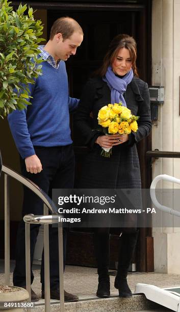 The Duke and Duchess of Cambridge leave the King Edward VII hospital in London where the Duchess of Cambridge had been admitted with severe morning...