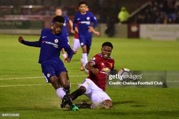 Chelsea's Callum Hudson-Odoi scores his goal during the Premier League 2 match between Chelsea FC and Manchester United on September 18, 2017 in...