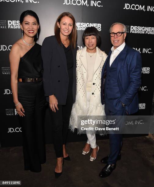 Xia Ding, Caroline Rush, Angelica Cheung and Tommy Hilfiger attend the BFC Vogue Fashion Fund and JD.COM cocktail party hosted by Caroline Rush and...