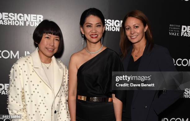 Angelica Cheung, Xia Ding and Caroline Rush attend the BFC Vogue Fashion Fund and JD.COM cocktail party hosted by Caroline Rush and Xia Ding at the...