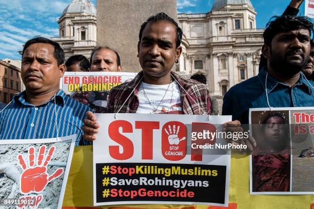 Hundreds of Muslims took to the streets to denounce Myanmars &quot;genocide&quot; against the Rohingya Muslim ethnic minority in Rome, Italy on...