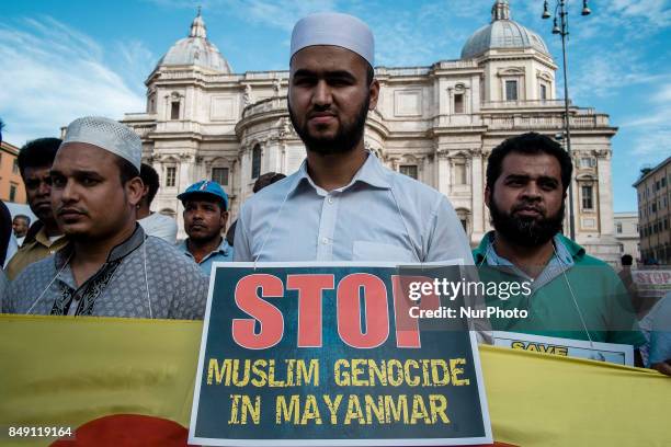 Hundreds of Muslims took to the streets to denounce Myanmars &quot;genocide&quot; against the Rohingya Muslim ethnic minority in Rome, Italy on...