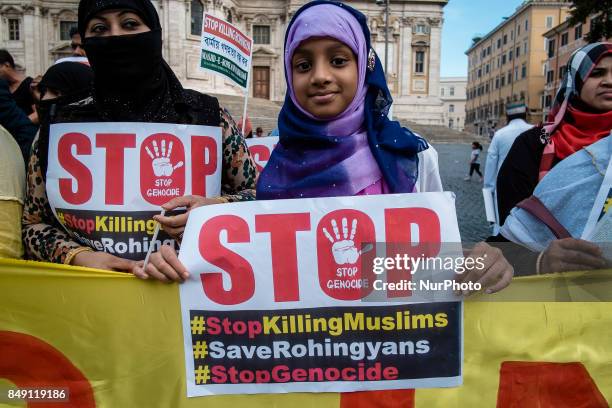 Hundreds of Muslims took to the streets to denounce Myanmars &quot;genocide&quot; against the Rohingya Muslim ethnic minority in Rome, Italy on...