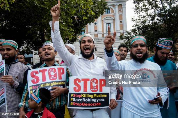 Hundreds of Muslims took to the streets to denounce Myanmars &quot;genocide&quot; against the Rohingya Muslim ethnic minority in Rome, Italy on...