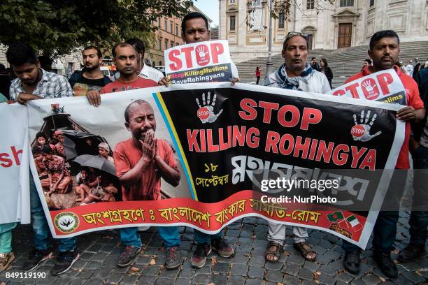 Hundreds of Muslims took to the streets to denounce Myanmars &quot;genocide&quot; against the Rohingya Muslim ethnic minority in Rome, Italy on...