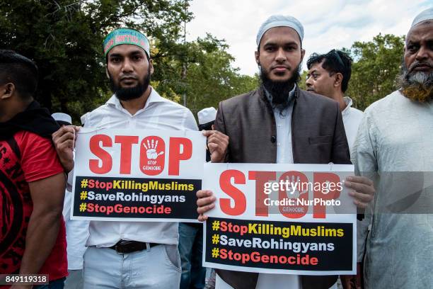 Hundreds of Muslims took to the streets to denounce Myanmars &quot;genocide&quot; against the Rohingya Muslim ethnic minority in Rome, Italy on...