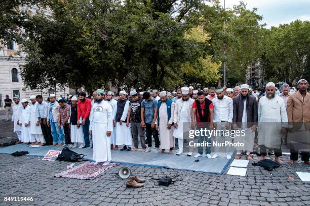 Hundreds of Muslims took to the streets to denounce Myanmars &quot;genocide&quot; against the Rohingya Muslim ethnic minority in Rome, Italy on...