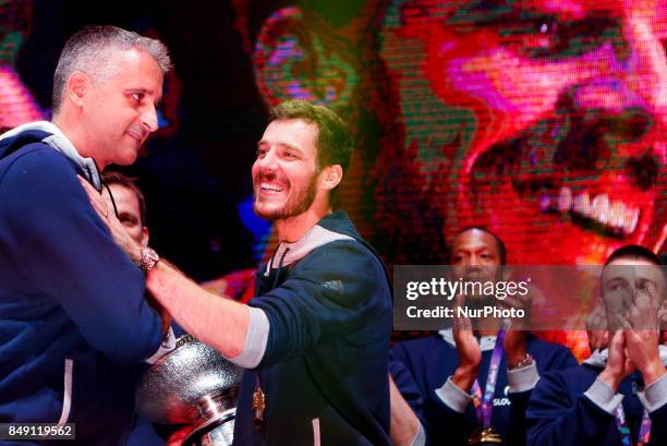 Goran Dragic and Kokoskov Igor celebrate fans after Slovenian basketball team historical win in European Championship in Istanbul on September 18,...