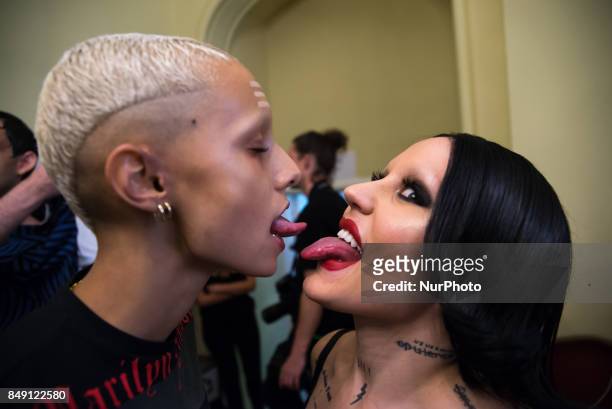 American rapper and singer Brooke Candy is pictured in the backstage ahead of the Dilara Findikoglu show during London Fashion Week September 2017 in...