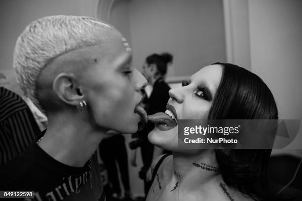 American rapper and singer Brooke Candy is pictured in the backstage ahead of the Dilara Findikoglu show during London Fashion Week September 2017 in...