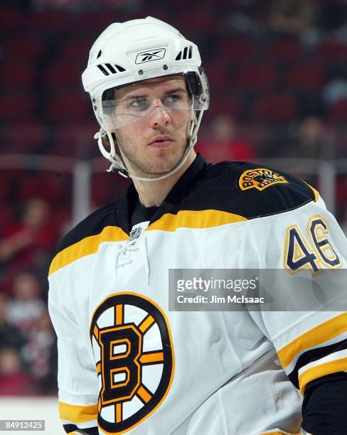 David Krejci of the Boston Bruins skates against the New Jersey Devils at the Prudential Center on February 13, 2009 in Newark, New Jersey. The...