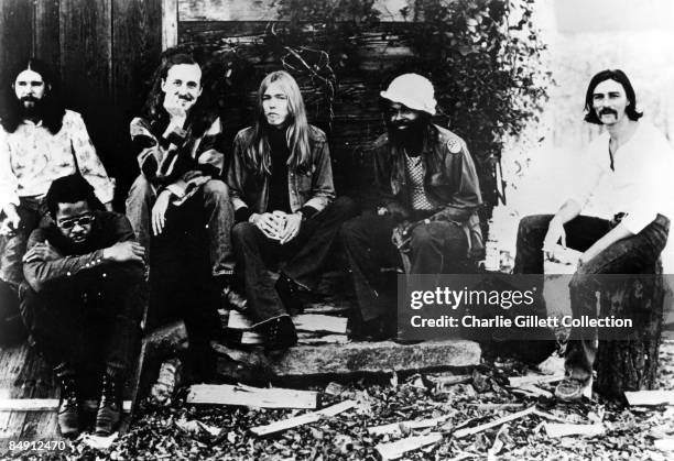 Photo of ALLMAN BROTHERS; L-R: ?, ?, Greg Allman, ?, Dickey Betts posed,