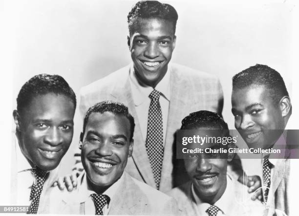 Photo of DRIFTERS, studio, posed - w/ Clyde McPhatter as lead vocalist. L-R: Bill Pinkney, Gerhart Thrasher, Clyde McPhatter, Willie Ferbee, Andrew...