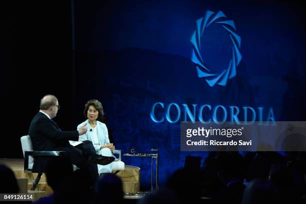 Nicholas Logothetis, Co-founder and Chairman of the Board, and Secretary Elaine Chao, U.S. Department of Transportation, speak at The 2017 Concordia...