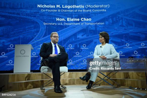 Nicholas Logothetis, Co-founder and Chairman of the Board, and Secretary Elaine Chao, U.S. Department of Transportation, speak at The 2017 Concordia...