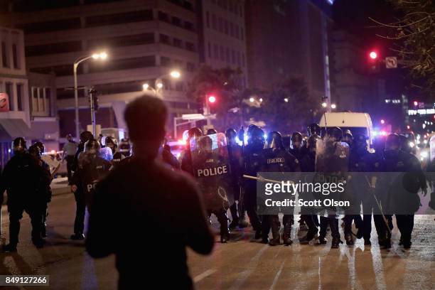 Demonstrators protest the acquittal of former St. Louis police officer Jason Stockley on September 17, 2017 in St. Louis, Missouri. This is the third...