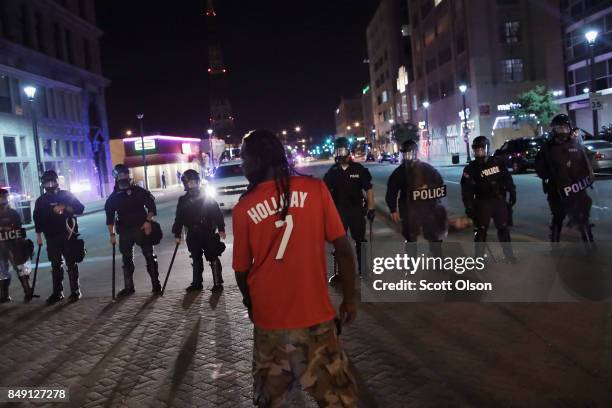 Demonstrators protest the acquittal of former St. Louis police officer Jason Stockley on September 17, 2017 in St. Louis, Missouri. This is the third...