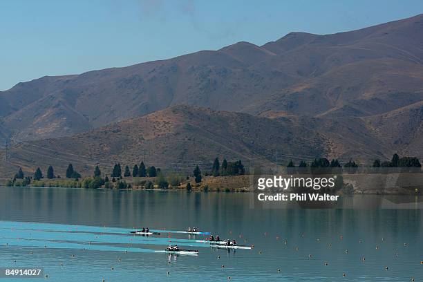 Compeditors in the Mens Club Double Sculls semifinal make their way down the course during day three of the New Zealand National Club Rowing...
