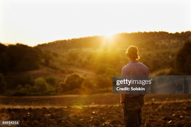 man looking at sunset countryside.  - rolling hills sun - fotografias e filmes do acervo